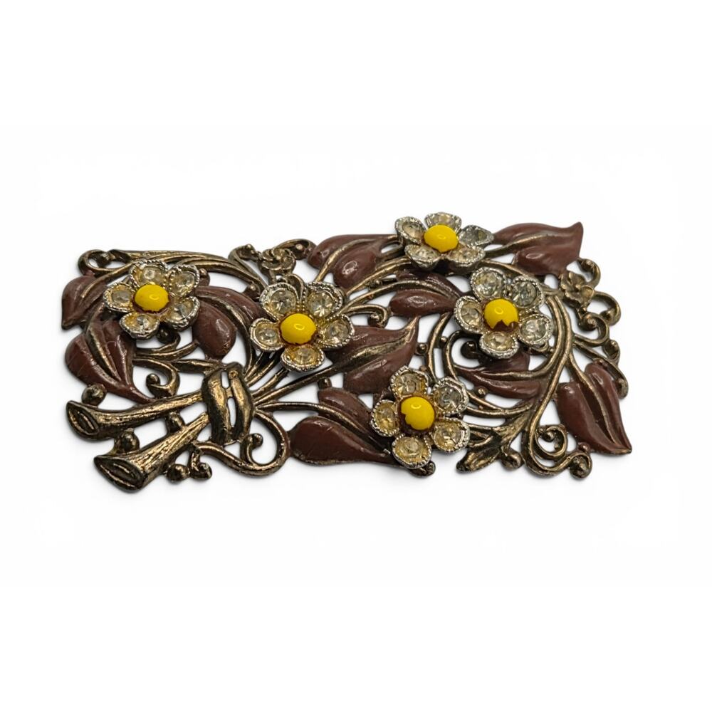 Vintage Floral Rhinestone Enamel Brooch Brown Yellow Openwork Pin
